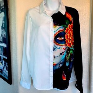 SUGAR SKULL Day of the Dead white buttondown blouse, iconic CATARINA face. M EUC